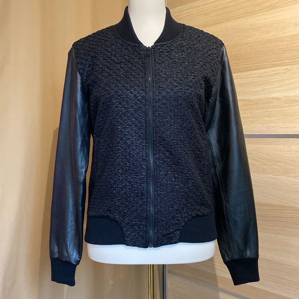 Bec & Bridge Black Textured Bomber Jacket Leather Sleeves Size US 6 luxe